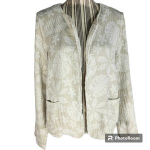 Tahari Beige & White Floral Print Open Front Jacket w/Pockets Size Large